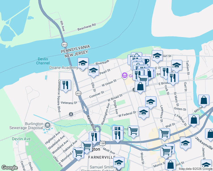 map of restaurants, bars, coffee shops, grocery stores, and more near 210 West Union Street in Burlington