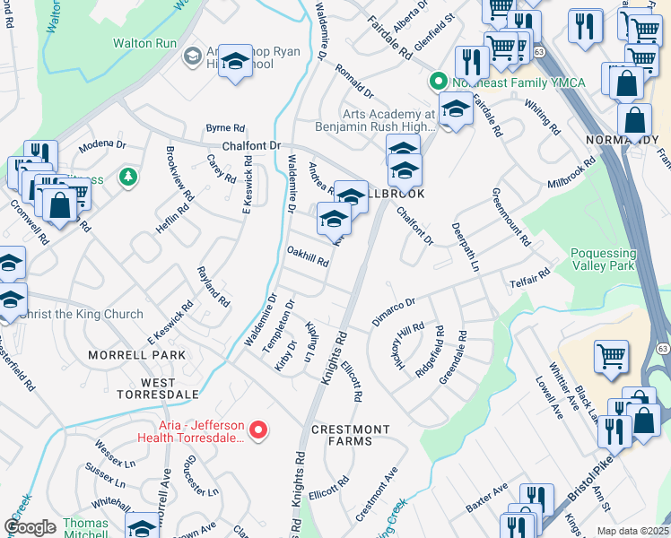 map of restaurants, bars, coffee shops, grocery stores, and more near 11009 Kipling Lane in Philadelphia