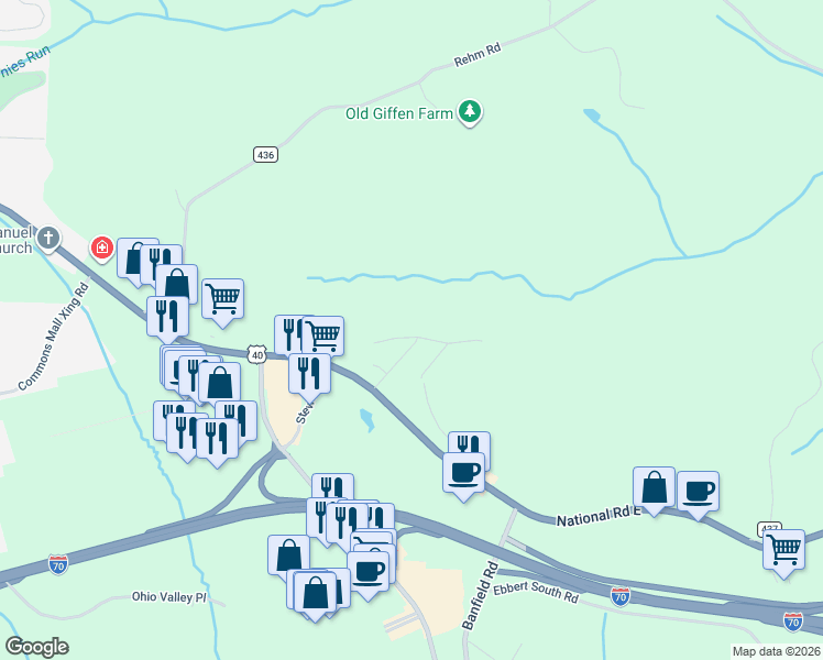 map of restaurants, bars, coffee shops, grocery stores, and more near 51265 Burrwood Drive in Saint Clairsville