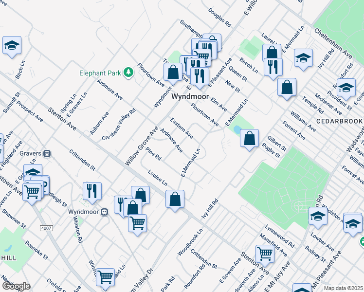 map of restaurants, bars, coffee shops, grocery stores, and more near 7809 Ardmore Avenue in Wyndmoor