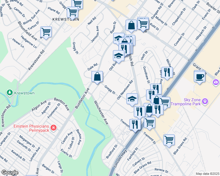 map of restaurants, bars, coffee shops, grocery stores, and more near 1811 Gregg Street in Philadelphia