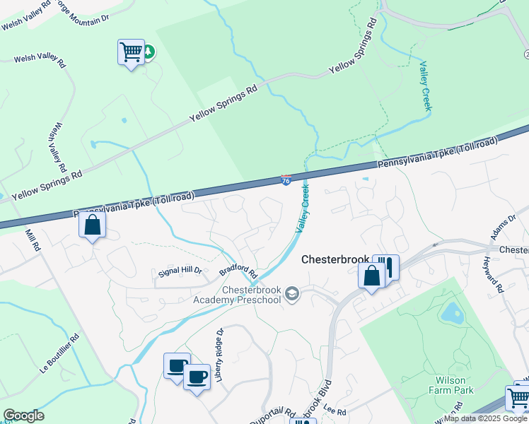 map of restaurants, bars, coffee shops, grocery stores, and more near Valley Stream Lane in Wayne