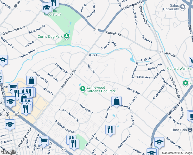 map of restaurants, bars, coffee shops, grocery stores, and more near 1002 Dixon Road in Elkins Park
