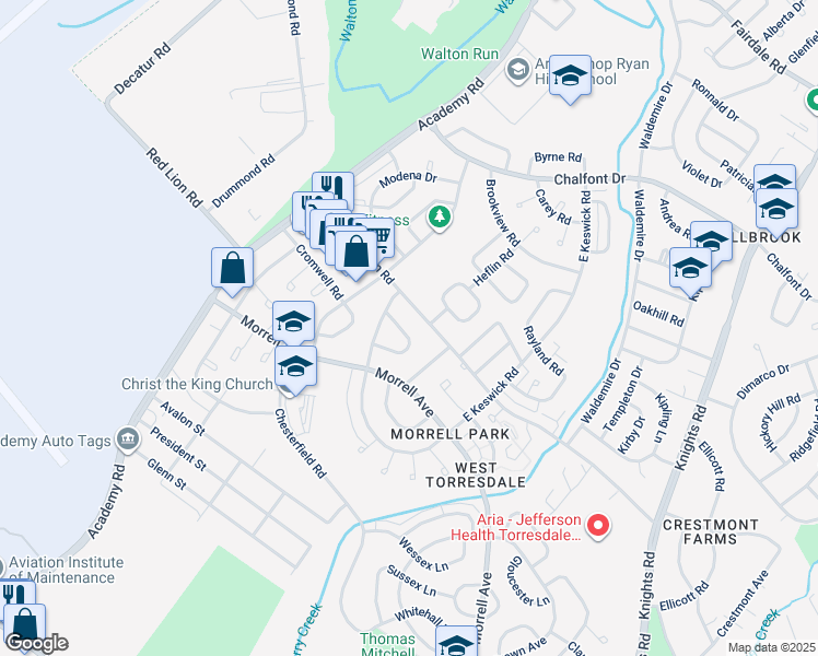map of restaurants, bars, coffee shops, grocery stores, and more near 3325 Elliston Circle in Philadelphia