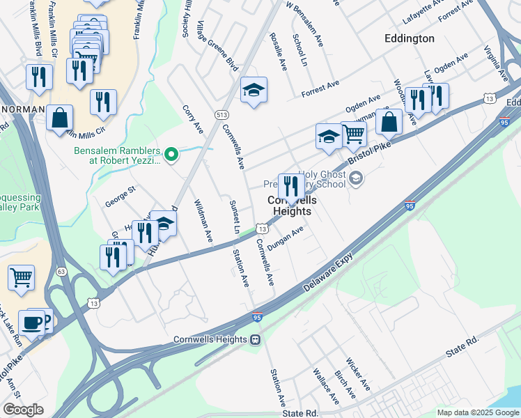 map of restaurants, bars, coffee shops, grocery stores, and more near 1043 Cornwells Avenue in Cornwells Heights