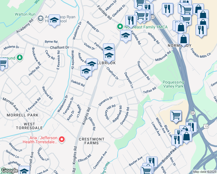 map of restaurants, bars, coffee shops, grocery stores, and more near 11109 Drake Drive in Philadelphia
