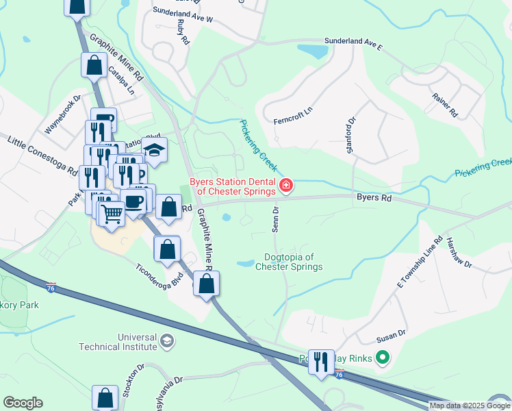 map of restaurants, bars, coffee shops, grocery stores, and more near 210 Byers Road in Chester Springs