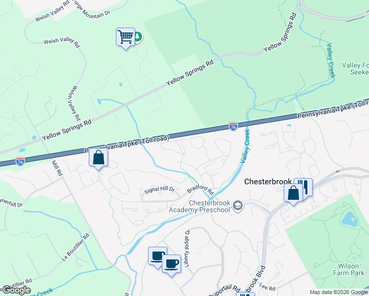 map of restaurants, bars, coffee shops, grocery stores, and more near 1432 Washington Place in Chesterbrook