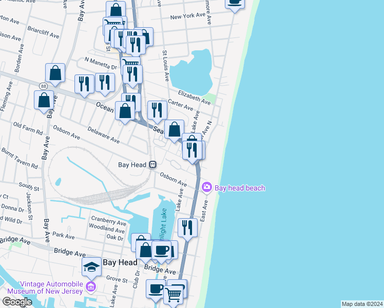 map of restaurants, bars, coffee shops, grocery stores, and more near 100 Sea Avenue in Point Pleasant Beach