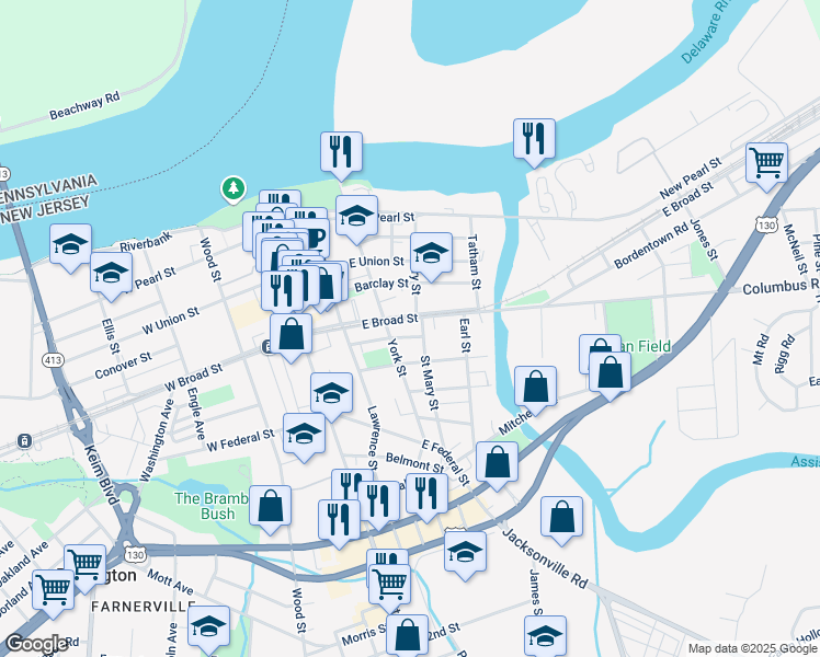 map of restaurants, bars, coffee shops, grocery stores, and more near 209 East Broad Street in Burlington