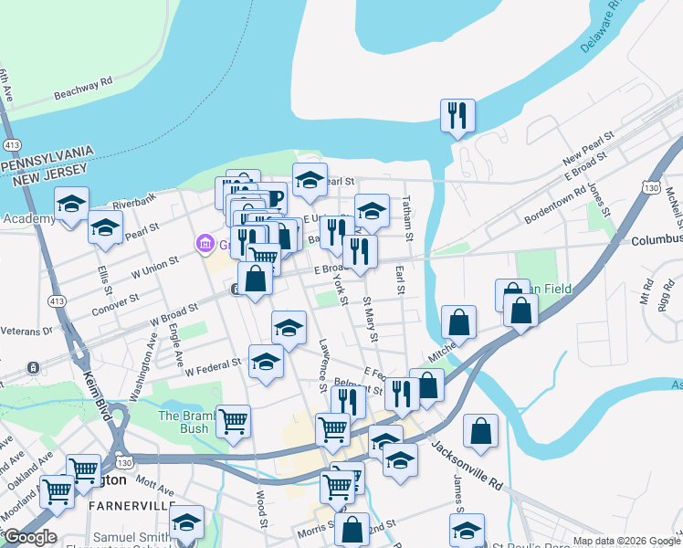 map of restaurants, bars, coffee shops, grocery stores, and more near 209 East Broad Street in Burlington