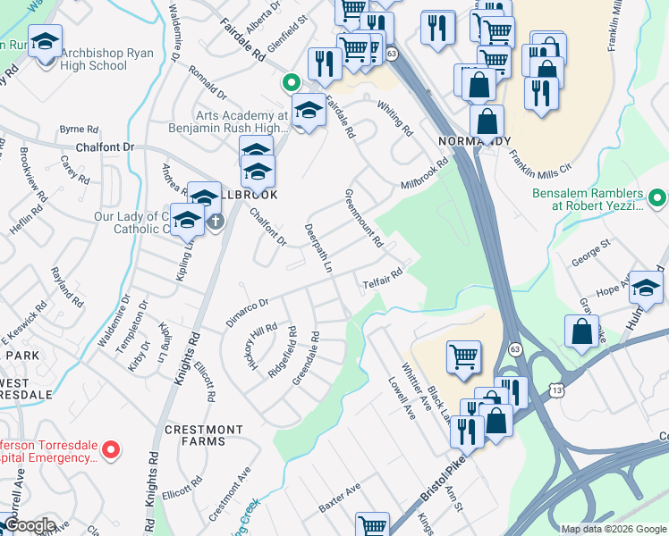 map of restaurants, bars, coffee shops, grocery stores, and more near 4375 Deerpath Lane in Philadelphia