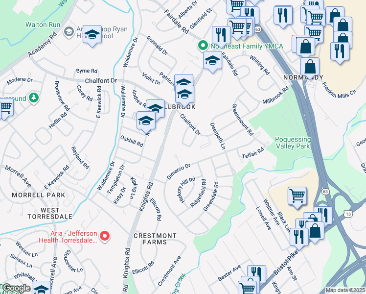 map of restaurants, bars, coffee shops, grocery stores, and more near 11109 Drake Drive in Philadelphia