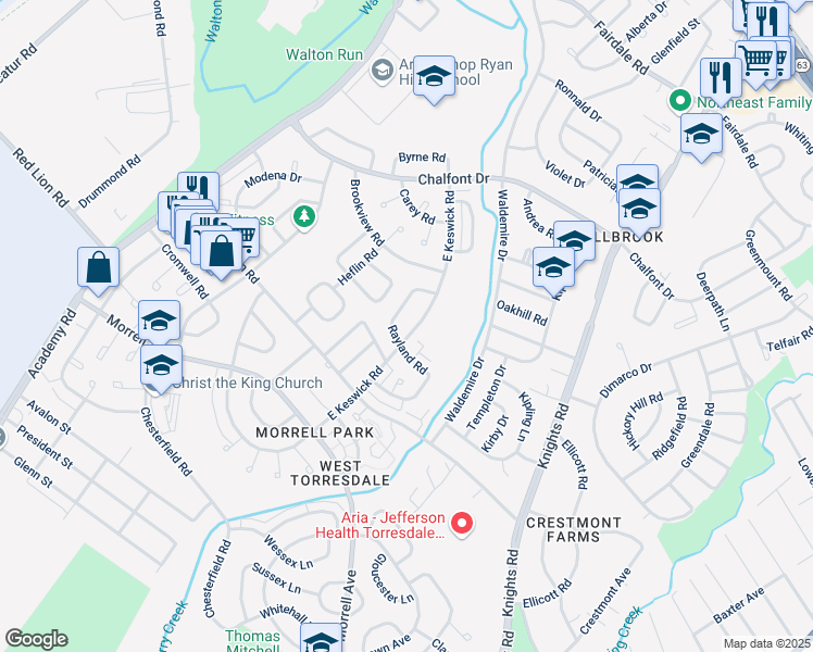 map of restaurants, bars, coffee shops, grocery stores, and more near 10836 East Keswick Road in Philadelphia