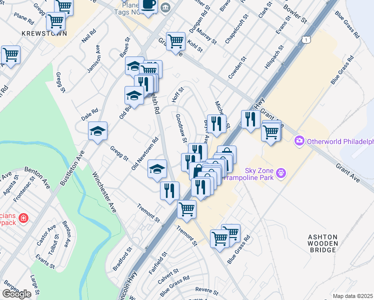 map of restaurants, bars, coffee shops, grocery stores, and more near 1961 Goodnaw Street in Philadelphia