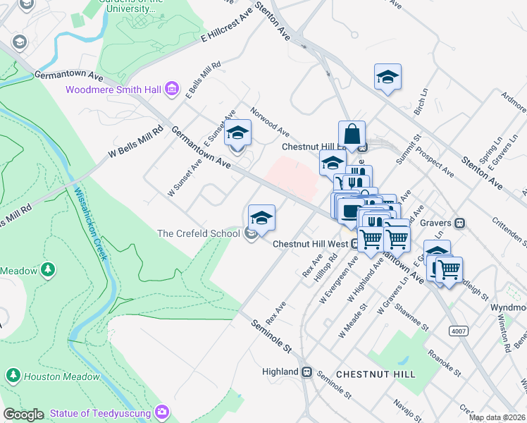 map of restaurants, bars, coffee shops, grocery stores, and more near 8 Norman Lane in Philadelphia