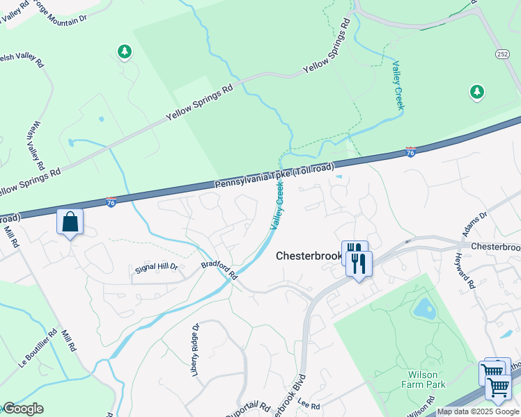 map of restaurants, bars, coffee shops, grocery stores, and more near 263 Valley Stream Lane in Chesterbrook