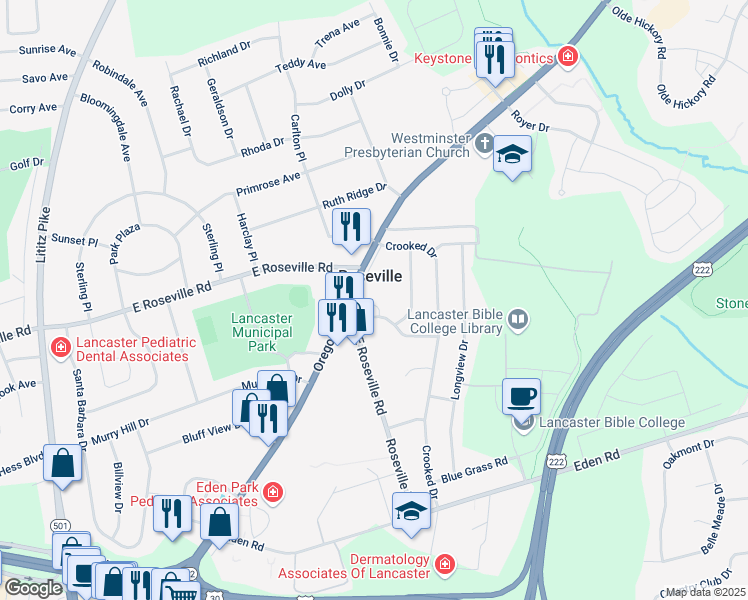 map of restaurants, bars, coffee shops, grocery stores, and more near in Roseville