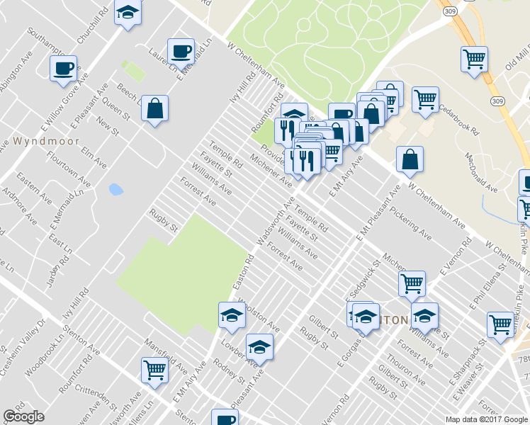map of restaurants, bars, coffee shops, grocery stores, and more near 8421 Williams Avenue in Philadelphia