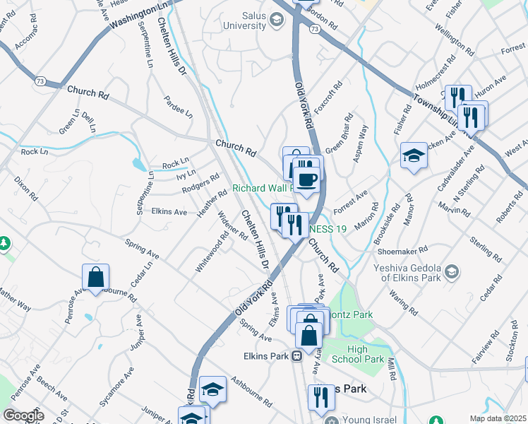 map of restaurants, bars, coffee shops, grocery stores, and more near 174-56 Old York Road in Elkins Park
