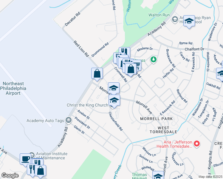 map of restaurants, bars, coffee shops, grocery stores, and more near 3255 Morrell Avenue in Philadelphia