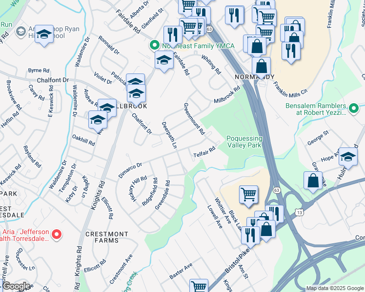 map of restaurants, bars, coffee shops, grocery stores, and more near 11702 Dimarco Drive in Philadelphia