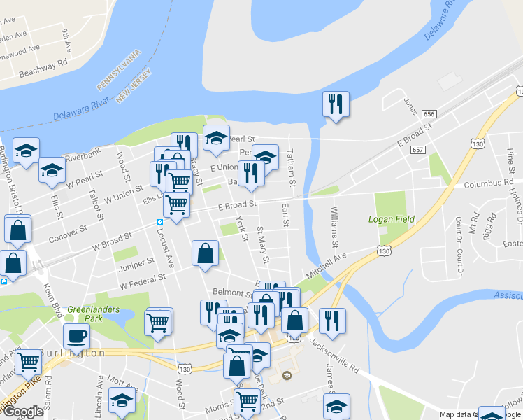 map of restaurants, bars, coffee shops, grocery stores, and more near 313 East Broad Street in Burlington