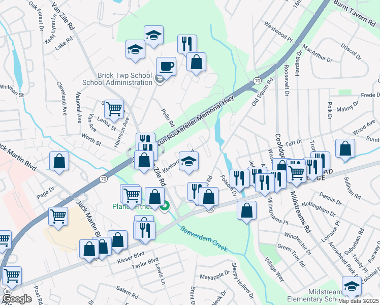 map of restaurants, bars, coffee shops, grocery stores, and more near 178 Kentwood Boulevard in Brick Township