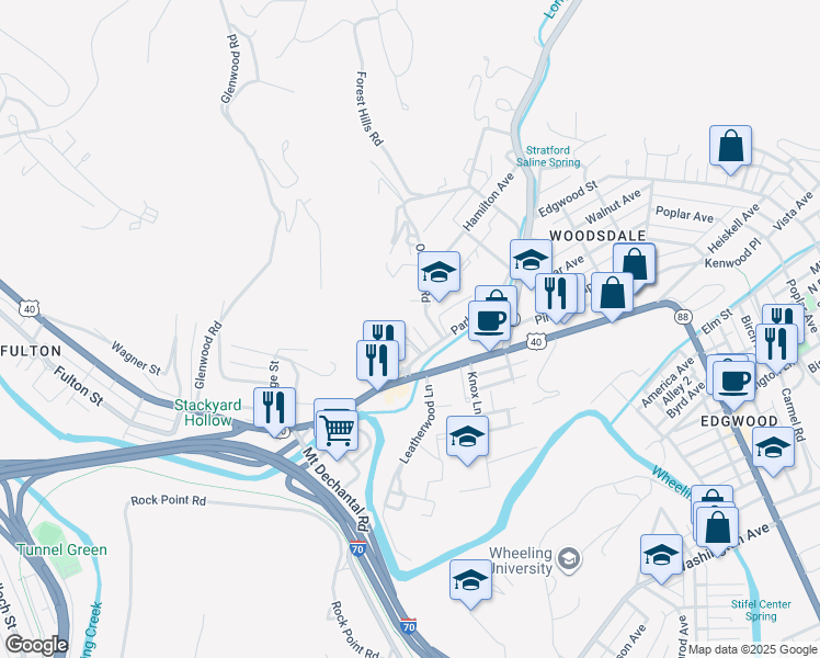 map of restaurants, bars, coffee shops, grocery stores, and more near 12 Park Road in Wheeling