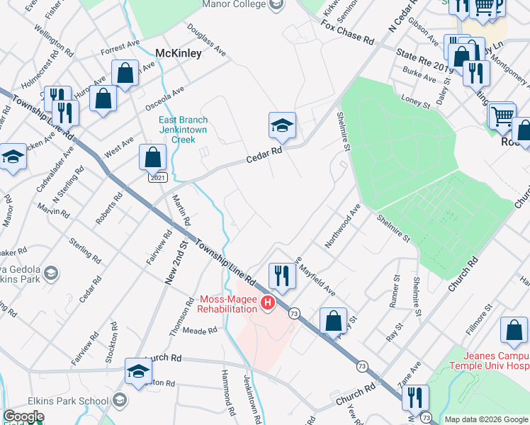 map of restaurants, bars, coffee shops, grocery stores, and more near 551 Oak Shade Avenue in Elkins Park