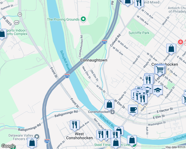 map of restaurants, bars, coffee shops, grocery stores, and more near 465 Old Elm Street in Conshohocken