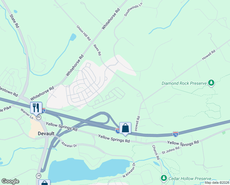 map of restaurants, bars, coffee shops, grocery stores, and more near 17 Fieldstone Lane in Malvern