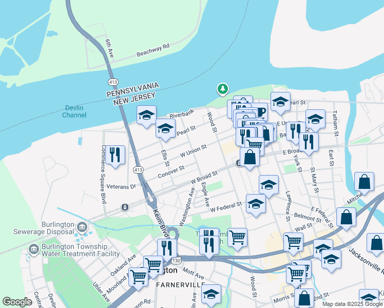 map of restaurants, bars, coffee shops, grocery stores, and more near 200 West Union Street in Burlington