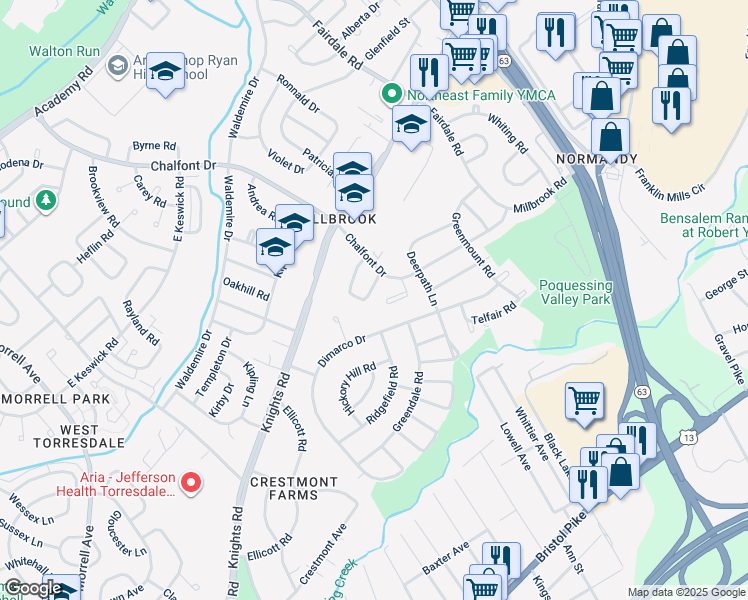 map of restaurants, bars, coffee shops, grocery stores, and more near 11133 Drake Drive in Philadelphia