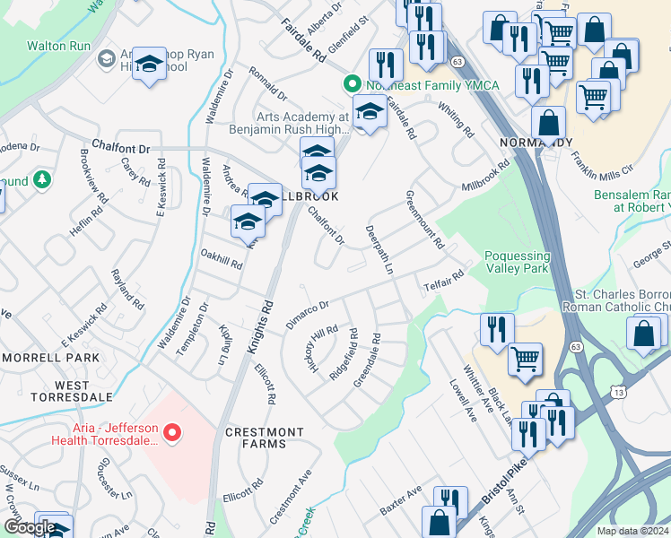 map of restaurants, bars, coffee shops, grocery stores, and more near 11133 Drake Drive in Philadelphia