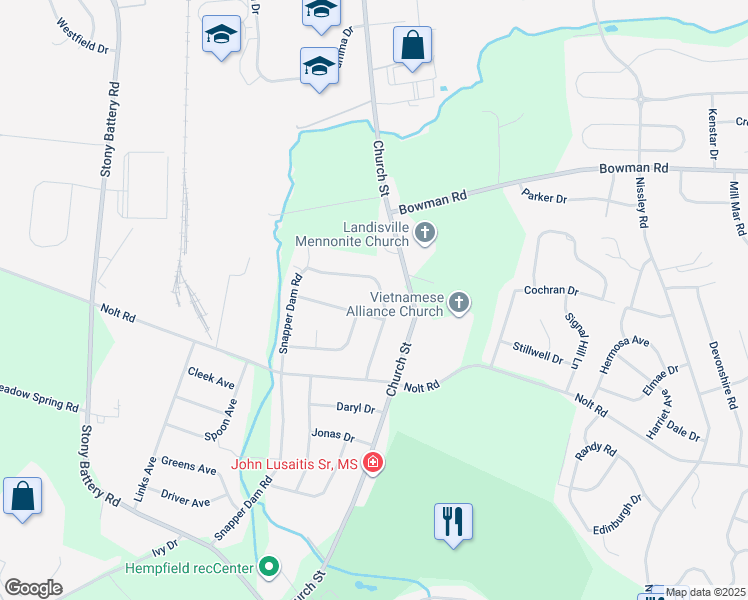map of restaurants, bars, coffee shops, grocery stores, and more near 698 Eastside Drive in Landisville