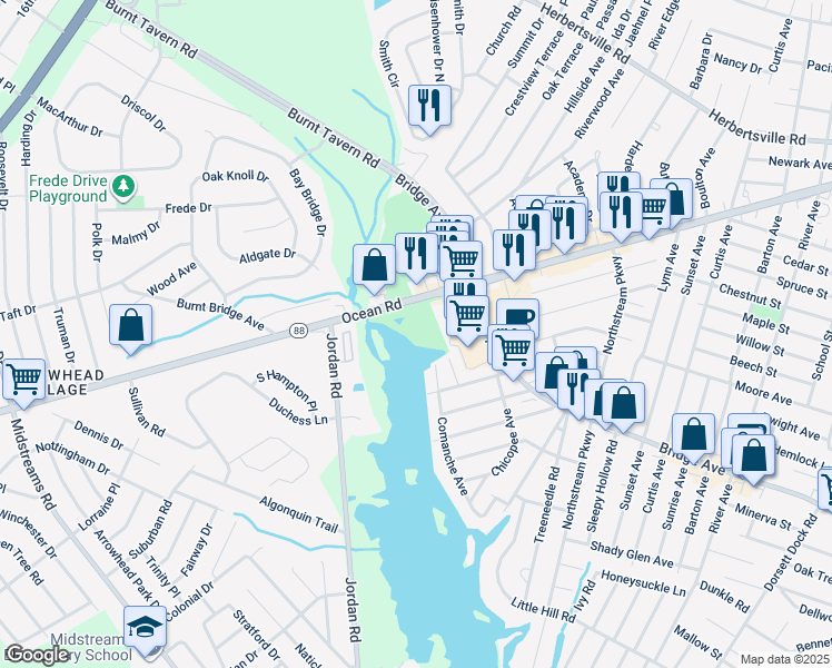 map of restaurants, bars, coffee shops, grocery stores, and more near 3220 New Jersey 88 in Point Pleasant