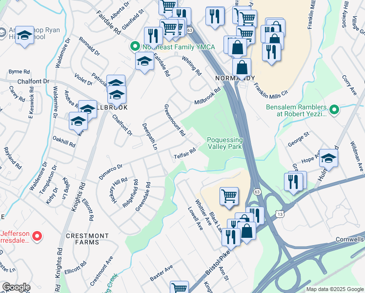 map of restaurants, bars, coffee shops, grocery stores, and more near 11739 Dimarco Drive in Philadelphia