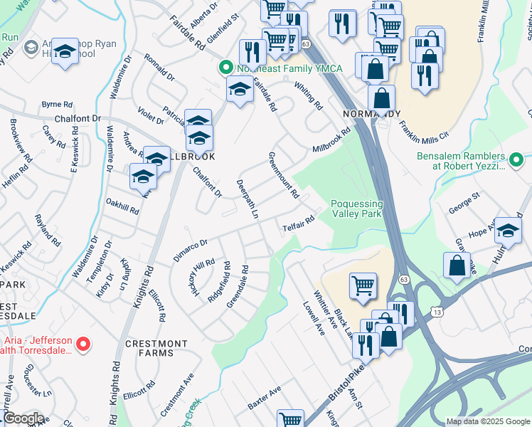 map of restaurants, bars, coffee shops, grocery stores, and more near 11702 Dimarco Drive in Philadelphia