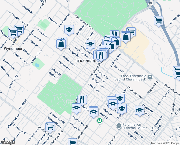 map of restaurants, bars, coffee shops, grocery stores, and more near 8410 Fayette Street in Philadelphia