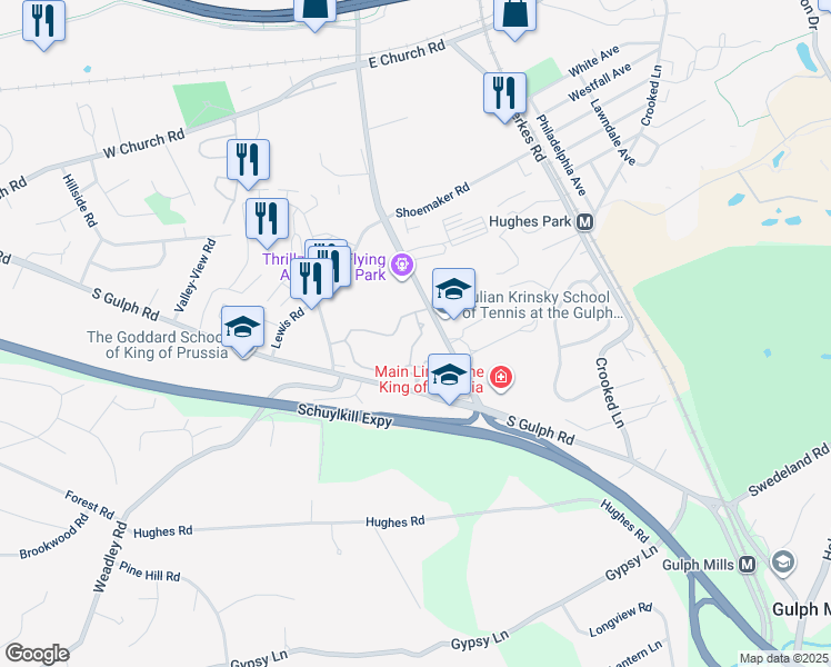 map of restaurants, bars, coffee shops, grocery stores, and more near 649 South Henderson Road in King of Prussia