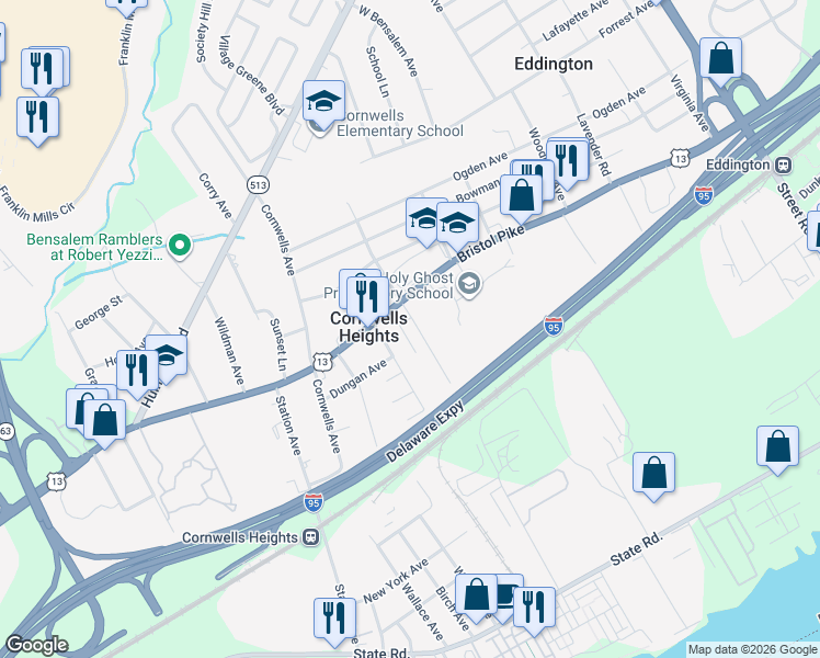 map of restaurants, bars, coffee shops, grocery stores, and more near 883-999 Clovernook Avenue in Bensalem