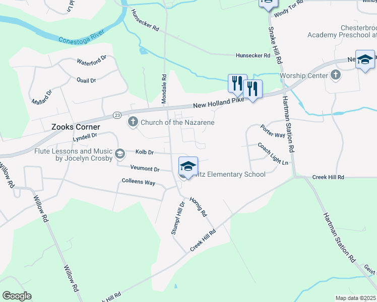 map of restaurants, bars, coffee shops, grocery stores, and more near 2211 Harmony Hill Dr in Lancaster
