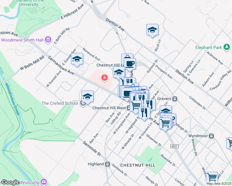 map of restaurants, bars, coffee shops, grocery stores, and more near 10 East Chestnut Hill Avenue in Philadelphia