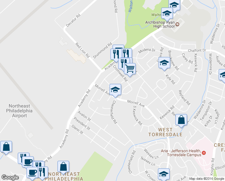 map of restaurants, bars, coffee shops, grocery stores, and more near 3251 Morrell Avenue in Philadelphia