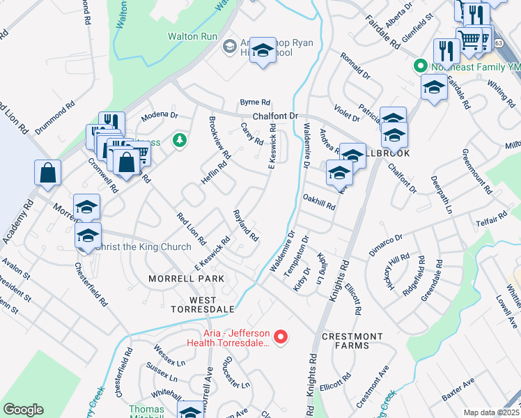 map of restaurants, bars, coffee shops, grocery stores, and more near 10825 Keswick Road in Philadelphia
