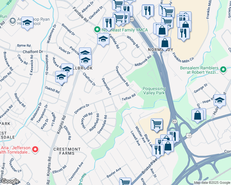 map of restaurants, bars, coffee shops, grocery stores, and more near 11706 Dimarco Drive in Philadelphia