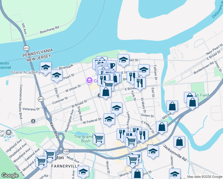 map of restaurants, bars, coffee shops, grocery stores, and more near in Burlington