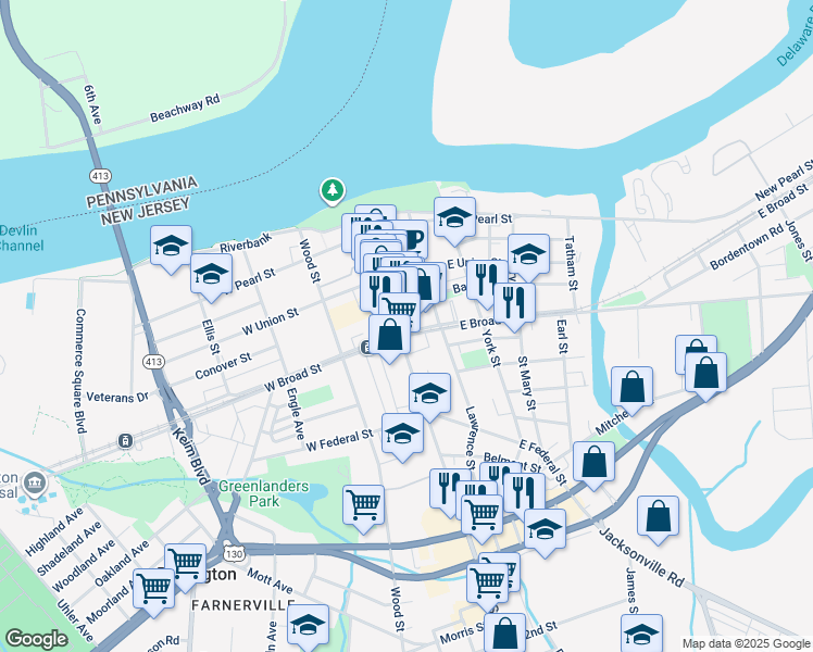 map of restaurants, bars, coffee shops, grocery stores, and more near in Burlington