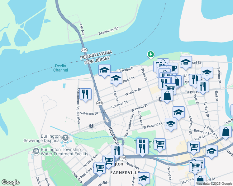 map of restaurants, bars, coffee shops, grocery stores, and more near 235 Brown Street in Burlington